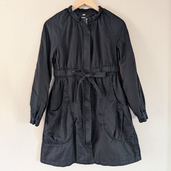 H&M Black Drawstring Waist Mid-Length Utility Jacket Collarless Feminine Size 4 - Picture 1 of 11